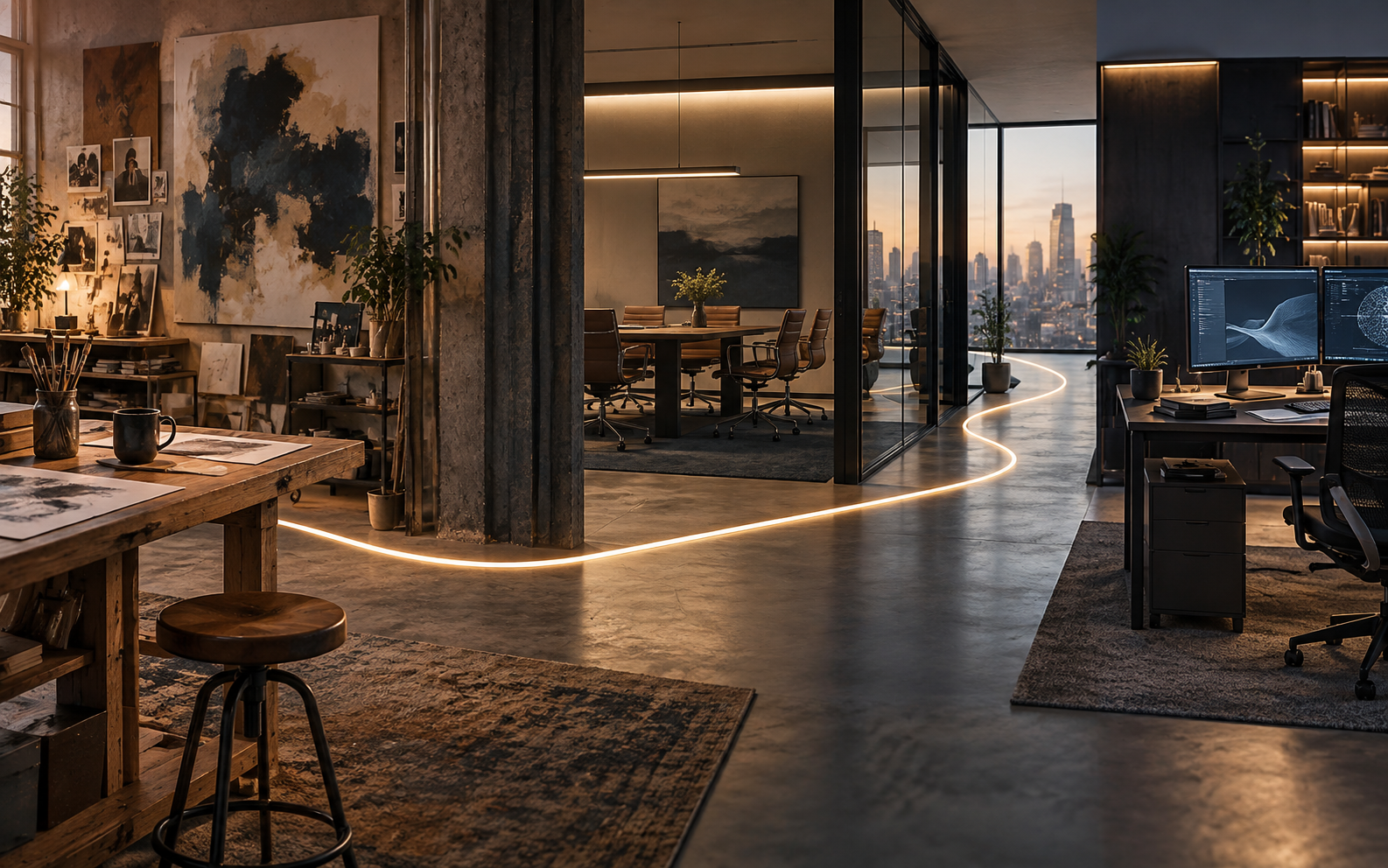 A luminous thread running through a creative studio, a meeting room and a tech space