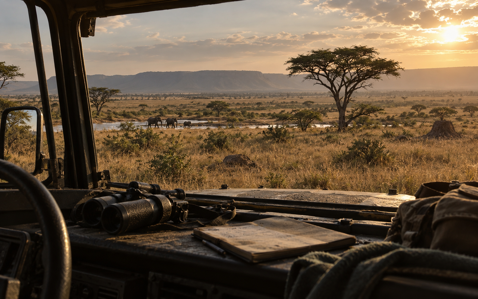 An African landscape seen from a vehicle, binoculars and a notebook in the foreground