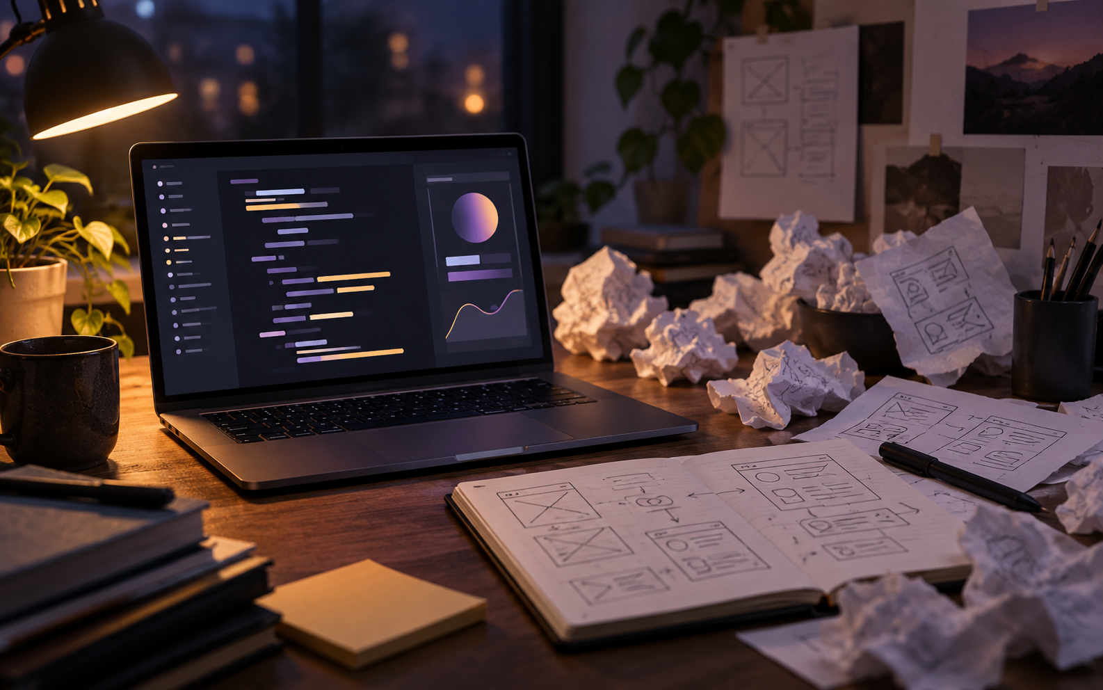 A laptop showing a digital prototype, sketches and crumpled paper from rounds of vibe coding