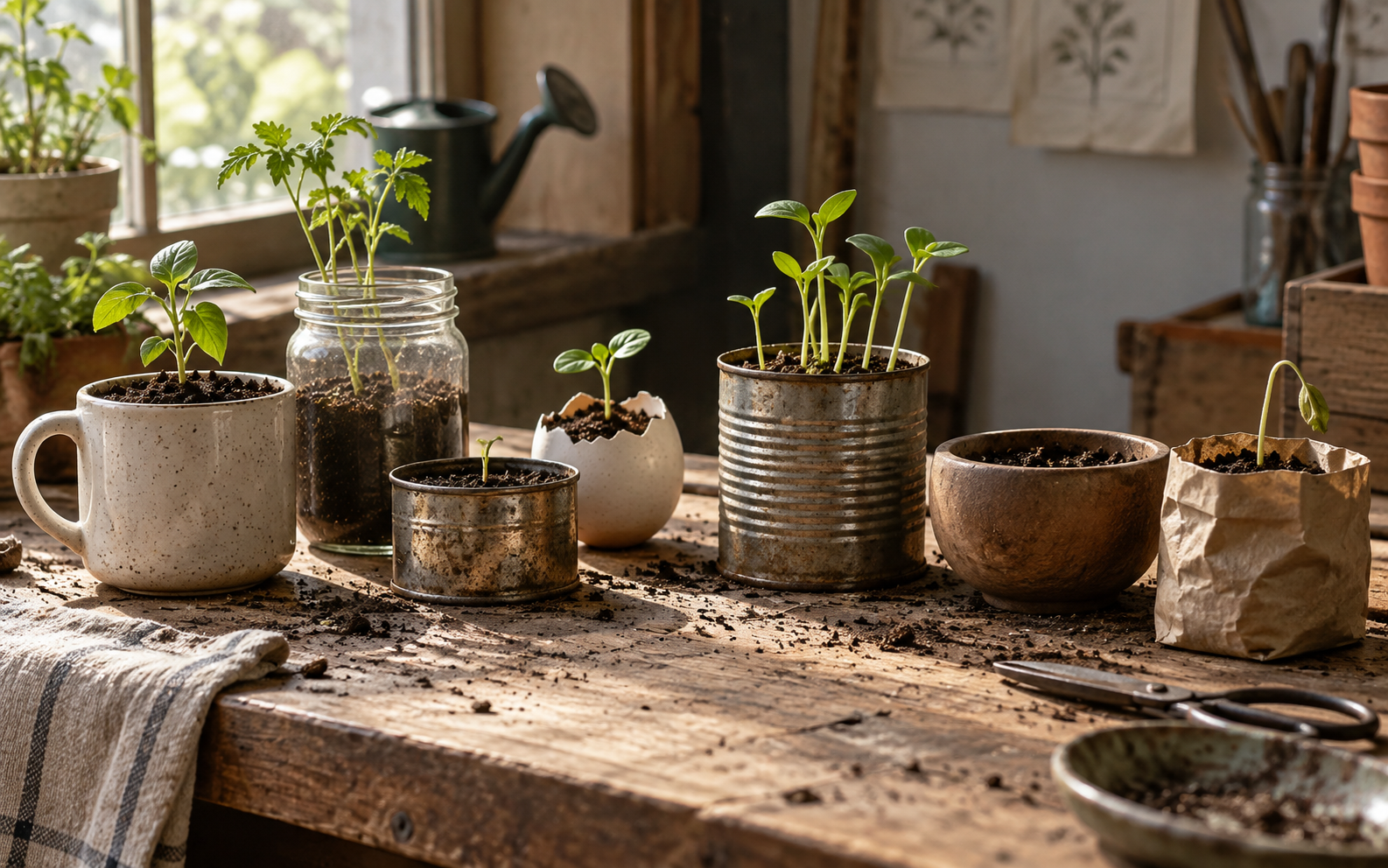 Seedlings in different containers, a metaphor for the forms an idea can take